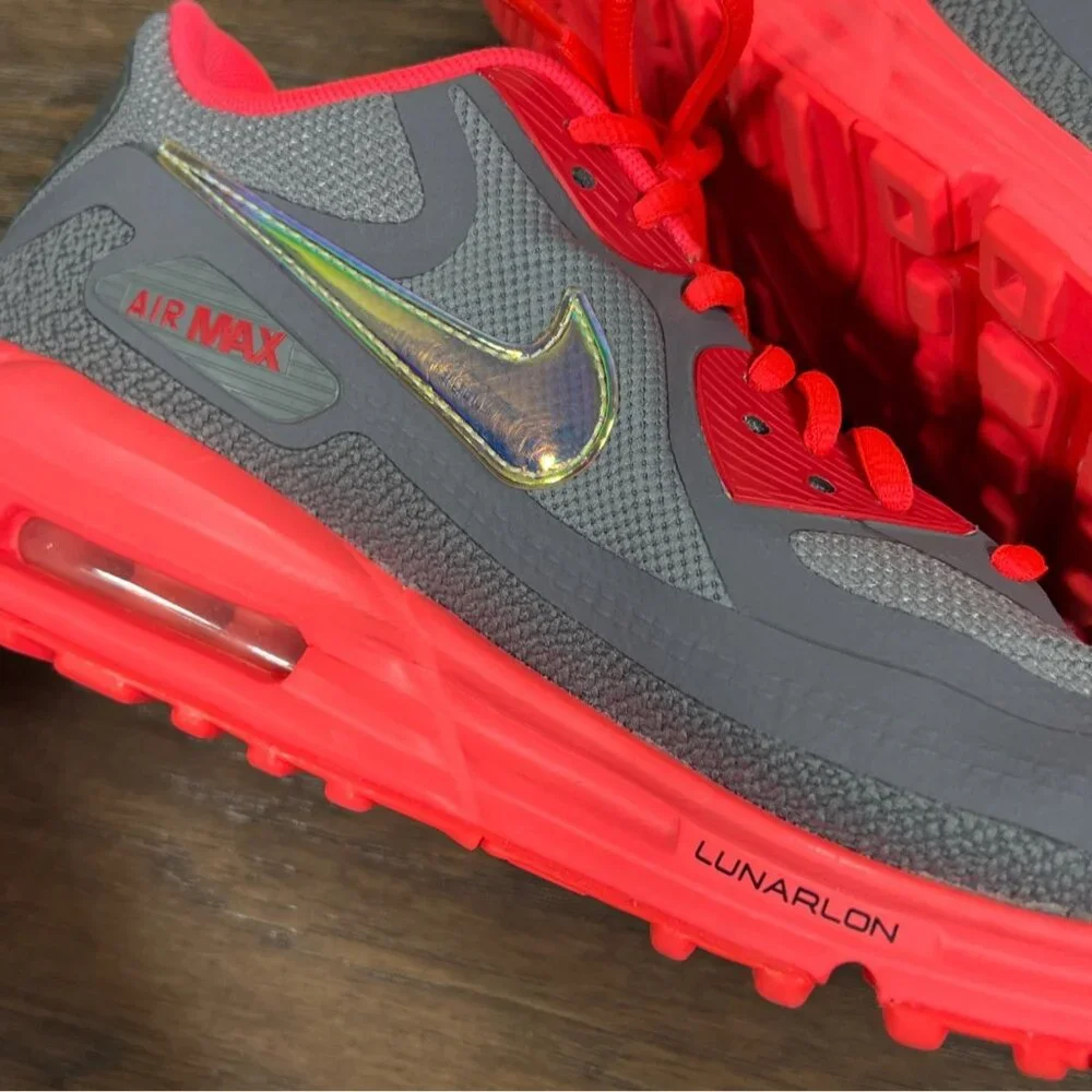 NIKE Air Max Lunarlon Running Shoes Fluorescent Pink Gray Ladies US Sz 9 EUC